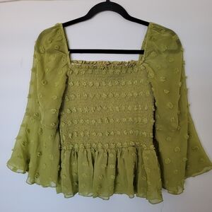 LONDON ROSE Top Size L Apple Green Ruffle  Sheer Smocked Fairycore Whimsy